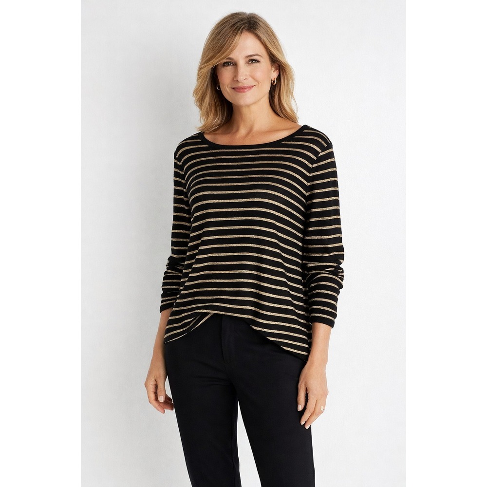 Chico's Black Cream Gold Striped Metallic Thread Lightweight Sweater Size XL (3)